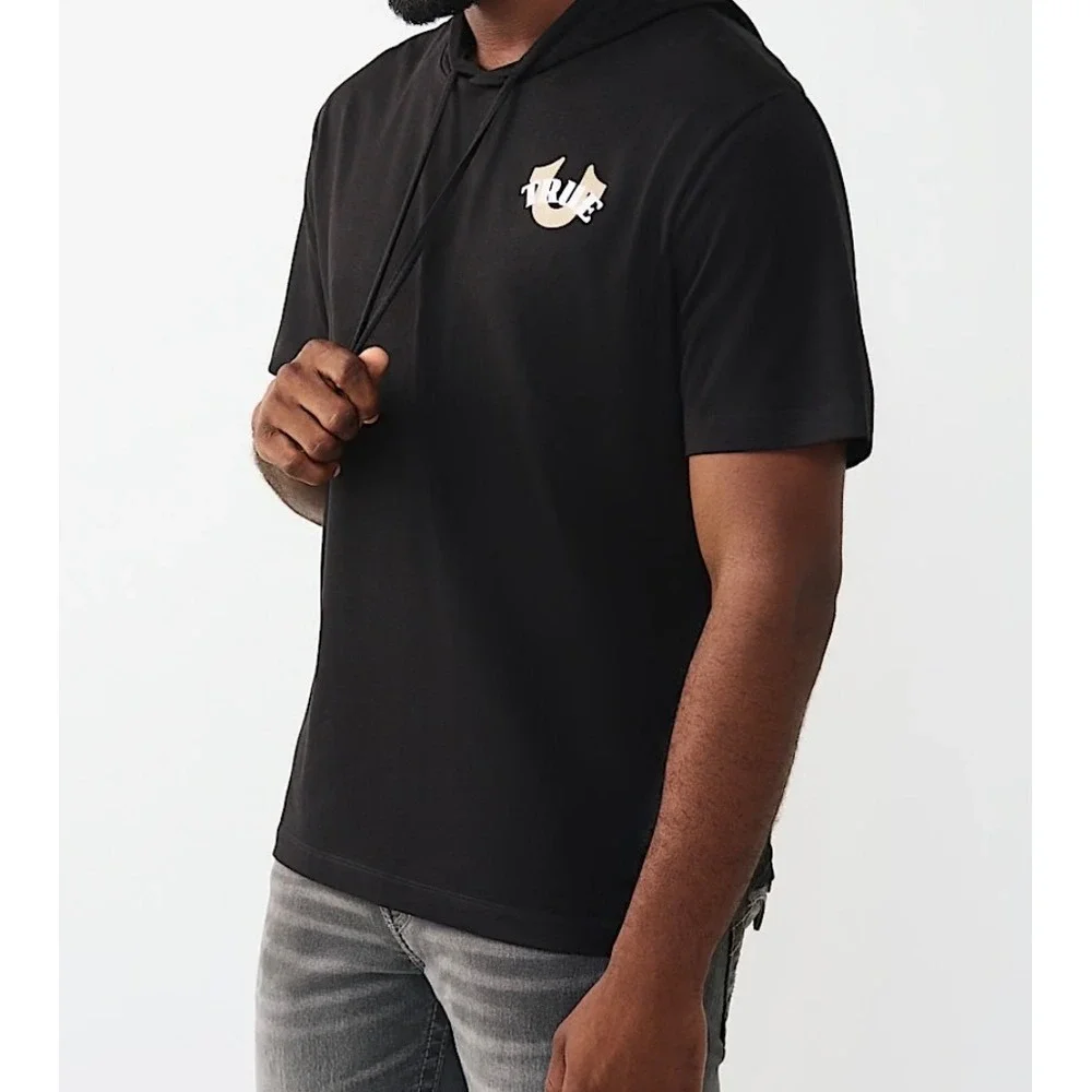 True Religion Mens Circular Hoodie Tee Black Short Sleeve Buddha Logo 701367 L